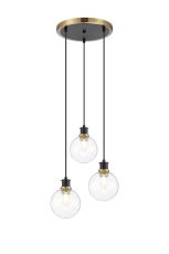 Jestero 38cm Round Pendant, 3 Light E14 With 15cm Round Glass Shade, Brass, Clear & Satin Black