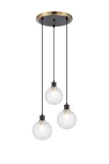 Jestero 38cm Round Pendant, 3 Light E14 With 15cm Round Textured Crumple Glass Shade, Brass, Clear & Satin Black