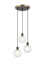 Jestero 38cm Round Pendant, 3 Light E14 With 15cm Round Textured Diamond Pattern Glass Shade, Brass, Clear & Satin Black
