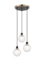 Jestero 38cm Round Pendant, 3 Light E14 With 15cm Round Textured Diamond Pattern Glass Shade, Brass, Clear & Satin Black