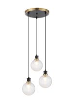 Jestero 38cm Round Pendant, 3 Light E14 With 15cm Round Dimpled Glass Shade, Brass, Clear & Satin Black