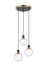 Jestero 38cm Round Pendant, 3 Light E14 With 15cm Round Textured Melting Glass Shade, Brass, Clear & Satin Black