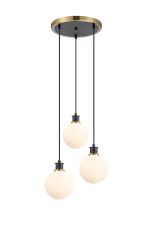 Jestero 38cm Round Pendant, 3 Light E14 With 15cm Round Glass Shade, Brass, Opal & Satin Black