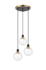 Jestero 38cm Round Pendant, 3 Light E14 With 15cm Round Ribbed Glass Shade, Brass, Clear & Satin Black