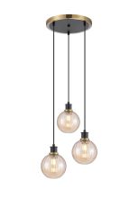 Jestero 38cm Round Pendant, 3 Light E14 With 15cm Round Segment Glass Shade, Brass, Amber Plated & Satin Black