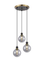 Jestero 38cm Round Pendant, 3 Light E14 With 15cm Round Glass Shade, Brass, Smoke Plated & Satin Black