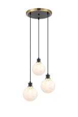 Jestero 38cm Round Pendant, 3 Light E14 With 15cm Round Speckled Glass Shade, Brass, White & Satin Black