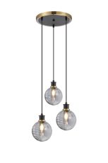 Jestero 38cm Round Pendant, 3 Light E14 With 15cm Round Double Textured Smooth / Ribbed Glass Shade, Brass, Smoke Plated & Satin Black