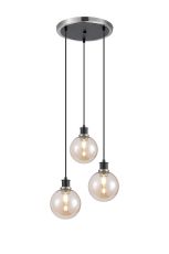 Jestero 38cm Round Pendant, 3 Light E14 With 15cm Round Glass Shade, Satin Nickel, Amber Plated & Satin Black