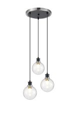 Jestero 38cm Round Pendant, 3 Light E14 With 15cm Round Crackled Glass Shade, Satin Nickel, Clear & Satin Black