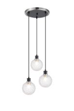 Jestero 38cm Round Pendant, 3 Light E14 With 15cm Round Textured Crumple Glass Shade, Satin Nickel, Clear & Satin Black