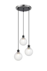 Jestero 38cm Round Pendant, 3 Light E14 With 15cm Round Textured Diamond Pattern Glass Shade, Satin Nickel, Clear & Satin Black