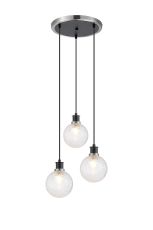 Jestero 38cm Round Pendant, 3 Light E14 With 15cm Round Dimpled Glass Shade, Satin Nickel, Clear & Satin Black