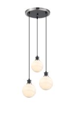 Jestero 38cm Round Pendant, 3 Light E14 With 15cm Round White & Grey Marble Effect Glass Shade, Satin Nickel & Satin Black Framework