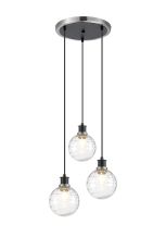 Jestero 38cm Round Pendant, 3 Light E14 With 15cm Round Textured Melting Glass Shade, Satin Nickel, Clear & Satin Black