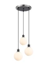 Jestero 38cm Round Pendant, 3 Light E14 With 15cm Round Glass Shade, Satin Nickel, Opal & Satin Black