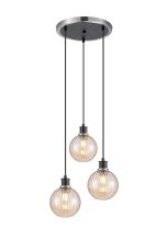 Jestero 38cm Round Pendant, 3 Light E14 With 15cm Round Segment Glass Shade, Satin Nickel, Amber Plated & Satin Black