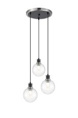 Jestero 38cm Round Pendant, 3 Light E14 With 15cm Round Segment Glass Shade, Satin Nickel, Clear & Satin Black