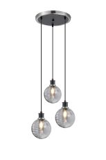 Jestero 38cm Round Pendant, 3 Light E14 With 15cm Round Double Textured Smooth / Ribbed Glass Shade, Satin Nickel, Smoke Plated & Satin Black