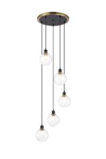 Jestero 48cm Round Pendant, 5 Light E14 With 15cm Round Glass Shade, Brass, Clear & Satin Black