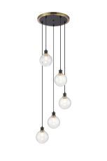 Jestero 48cm Round Pendant, 5 Light E14 With 15cm Round Crackled Glass Shade, Brass, Clear & Satin Black