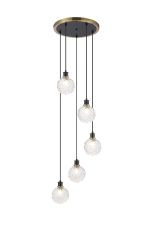 Jestero 48cm Round Pendant, 5 Light E14 With 15cm Round Textured Crumple Glass Shade, Brass, Clear & Satin Black