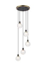 Jestero 48cm Round Pendant, 5 Light E14 With 15cm Round Textured Crumple Glass Shade, Brass, Clear & Satin Black