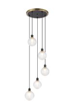 Jestero 48cm Round Pendant, 5 Light E14 With 15cm Round Dimpled Glass Shade, Brass, Clear & Satin Black