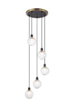 Jestero 48cm Round Pendant, 5 Light E14 With 15cm Round Textured Melting Glass Shade, Brass, Clear & Satin Black