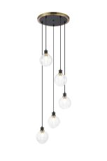 Jestero 48cm Round Pendant, 5 Light E14 With 15cm Round Ribbed Glass Shade, Brass, Clear & Satin Black