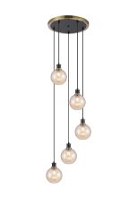 Jestero 48cm Round Pendant, 5 Light E14 With 15cm Round Segment Glass Shade, Brass, Amber Plated & Satin Black