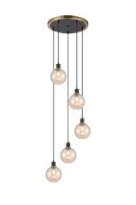 Jestero 48cm Round Pendant, 5 Light E14 With 15cm Round Segment Glass Shade, Brass, Amber Plated & Satin Black