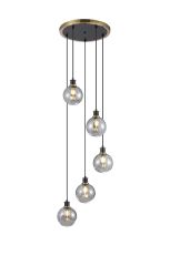 Jestero 48cm Round Pendant, 5 Light E14 With 15cm Round Segment Glass Shade, Brass, Smoke Plated & Satin Black