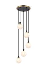 Jestero 48cm Round Pendant, 5 Light E14 With 15cm Round Speckled Glass Shade, Brass, White & Satin Black