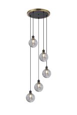 Jestero 48cm Round Pendant, 5 Light E14 With 15cm Round Double Textured Smooth / Ribbed Glass Shade, Brass, Smoke Plated & Satin Black