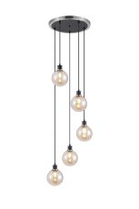 Jestero 48cm Round Pendant, 5 Light E14 With 15cm Round Glass Shade, Satin Nickel, Amber Plated & Satin Black
