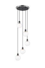 Jestero 48cm Round Pendant, 5 Light E14 With 15cm Round Glass Shade, Satin Nickel, Clear & Satin Black