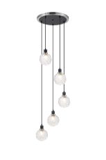 Jestero 48cm Round Pendant, 5 Light E14 With 15cm Round Textured Crumple Glass Shade, Satin Nickel, Clear & Satin Black