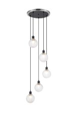 Jestero 48cm Round Pendant, 5 Light E14 With 15cm Round Textured Diamond Pattern Glass Shade, Satin Nickel, Clear & Satin Black