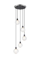 Jestero 48cm Round Pendant, 5 Light E14 With 15cm Round Dimpled Glass Shade, Satin Nickel, Clear & Satin Black