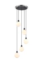 Jestero 48cm Round Pendant, 5 Light E14 With 15cm Round White & Grey Marble Effect Glass Shade, Satin Nickel & Satin Black Framework