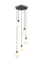 Jestero 48cm Round Pendant, 5 Light E14 With 15cm Round Glass Shade, Satin Nickel, Opal & Satin Black