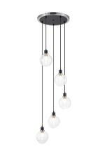 Jestero 48cm Round Pendant, 5 Light E14 With 15cm Round Ribbed Glass Shade, Satin Nickel, Clear & Satin Black