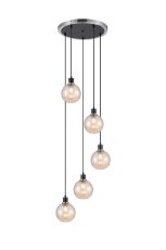 Jestero 48cm Round Pendant, 5 Light E14 With 15cm Round Segment Glass Shade, Satin Nickel, Amber Plated & Satin Black