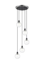 Jestero 48cm Round Pendant, 5 Light E14 With 15cm Round Segment Glass Shade, Satin Nickel, Clear & Satin Black