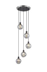 Jestero 48cm Round Pendant, 5 Light E14 With 15cm Round Segment Glass Shade, Satin Nickel, Smoke Plated & Satin Black