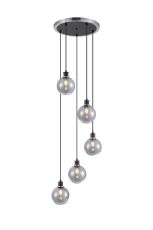 Jestero 48cm Round Pendant, 5 Light E14 With 15cm Round Glass Shade, Satin Nickel, Smoke Plated & Satin Black