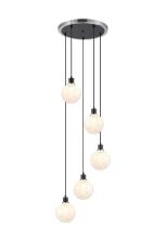 Jestero 48cm Round Pendant, 5 Light E14 With 15cm Round Speckled Glass Shade, Satin Nickel, White & Satin Black