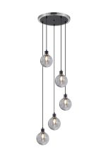 Jestero 48cm Round Pendant, 5 Light E14 With 15cm Round Double Textured Smooth / Ribbed Glass Shade, Satin Nickel, Smoke Plated & Satin Black