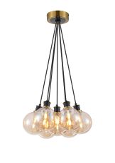 Jestero 45cm Round Cluster Pendant, 7 Light E14 With 15cm Round Glass Shade, Brass, Amber Plated & Satin Black
